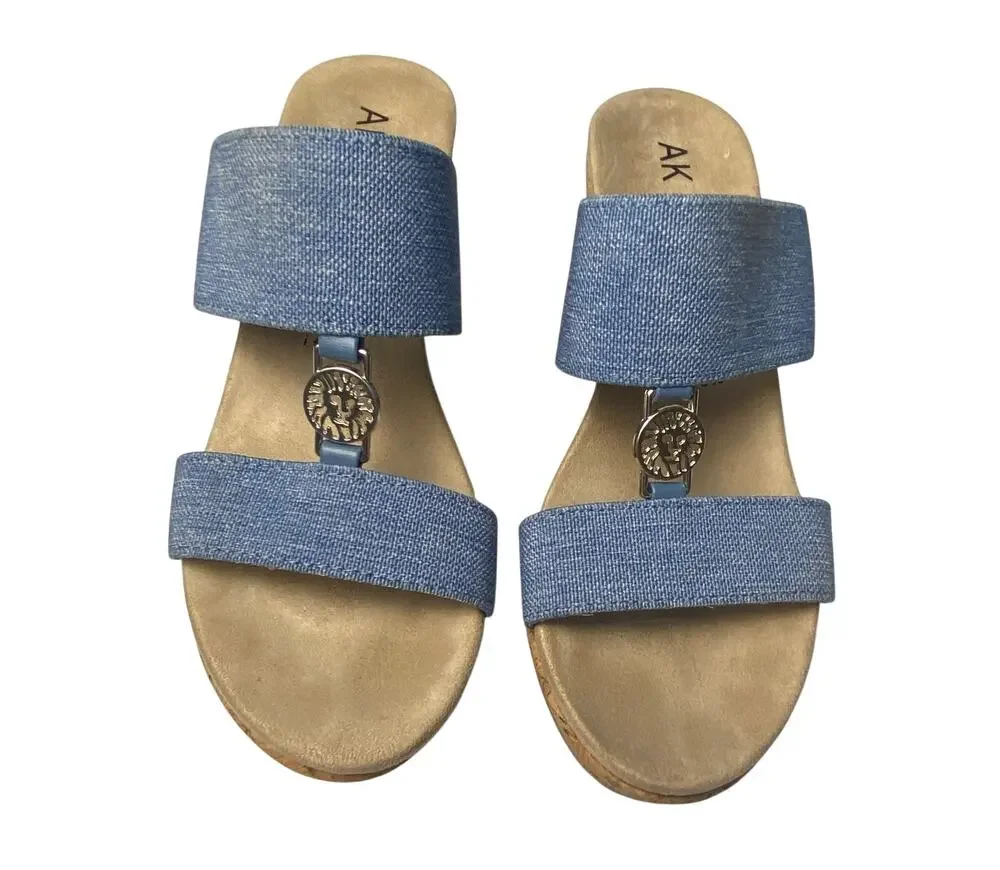 Anne Klein Reese Blue Canvas Wedge Cork Sandals Women's Size 7